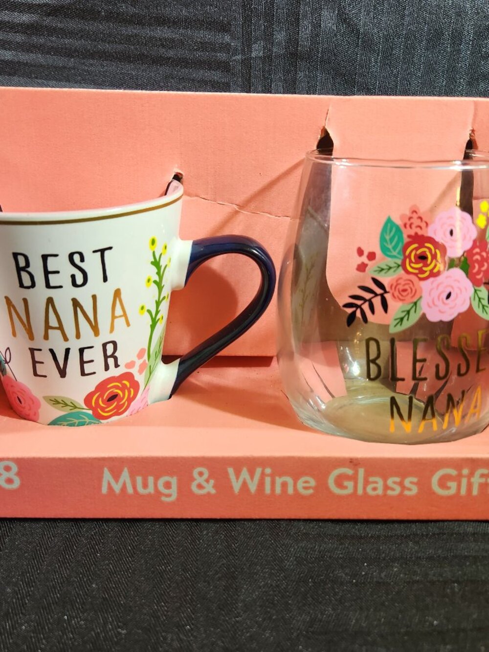 Best Nana Ever Mug & Blessed Nana Wine Glass Gift Set Floral NEW